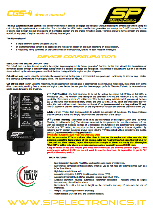 Quick Shifter CGS4 Kit with Offroad Sensor for OFFROAD/SUPERMOTO models - SP Electronics