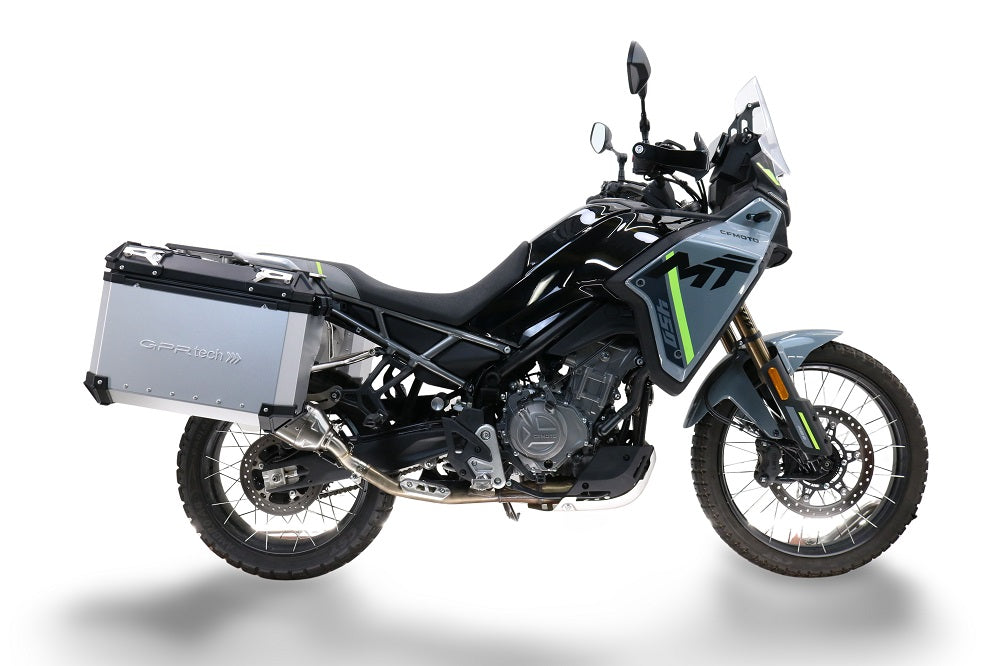 GPR Tech 38L + 32L Contoured Aluminium Side Case Set with Pannier Rack - CFMOTO 450MT (2023–2025) - Silver